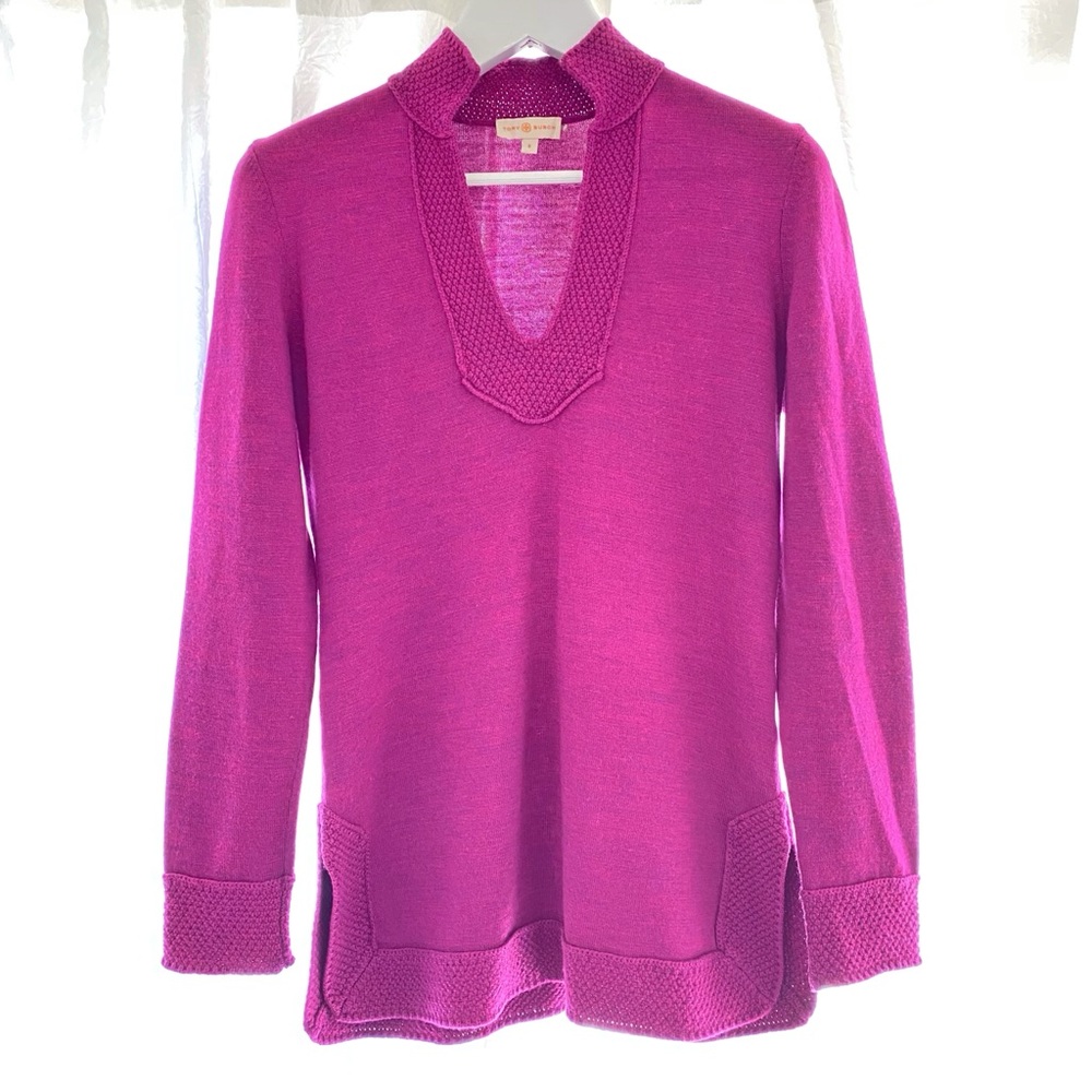 TORY BURCH LIZZIE MAGENTA DARK PURPLE MERINO WOOL KNIT TUNIC SWEATER